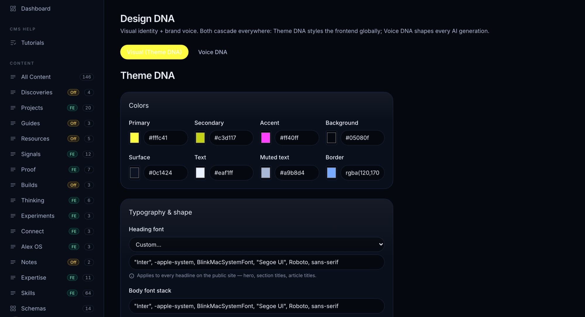 Theme DNA editor in Alex CMS: brand colors and typography tokens that restyle the whole site